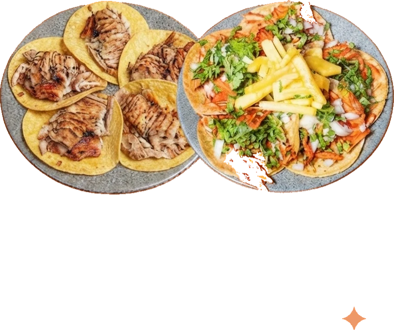 Dos órdenes de tacos, una de oriental y una de pastor con piña