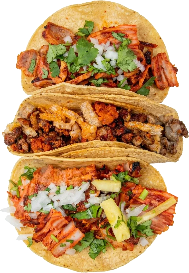 Torre de tacos al pastor con cilantro, cebolla y piña